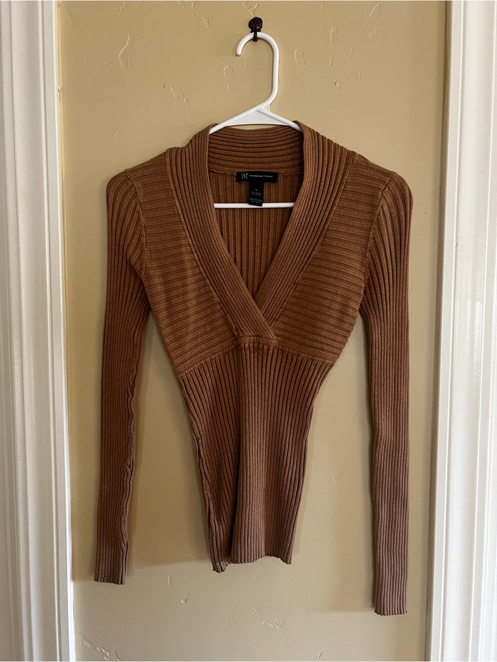 INC International Concepts Ribbed V-Neck Sweater in Brown